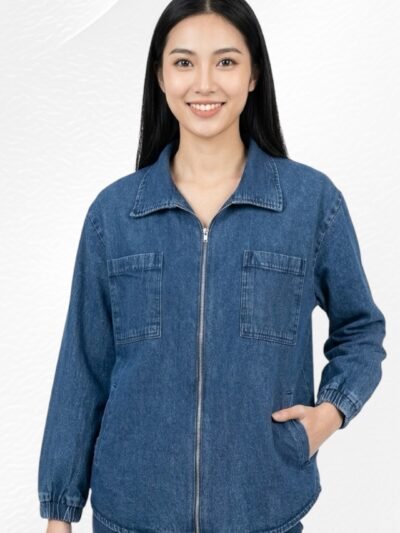 Odelia Denim Zip Jacket Lengan Kerut